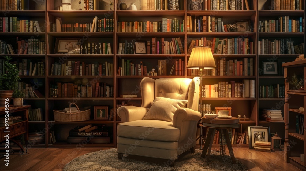 Cozy reading nook with a comfortable chair, filled bookshelves, and soft ambient lighting.
