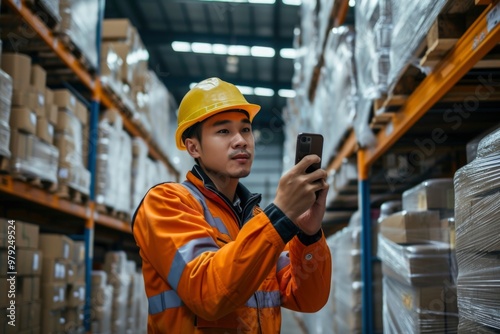 A warehouse worker in an orange jumpsuit and a yellow helmet is looking at a smartphone in a warehouse. He is in the aisle with boxes on shelves