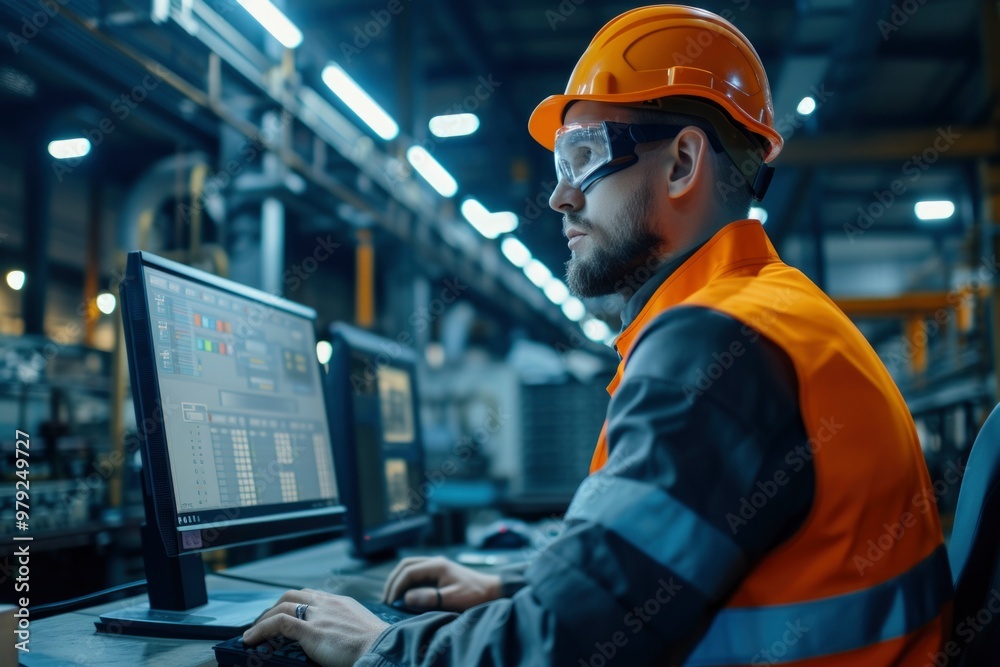 An industrial worker, wearing a safety helmet and goggles, sits at a computer terminal monitoring production in a factory setting. An industrial worker, wearing a safety helmet and goggles, sits at a computer terminal monitoring production in a factory setting.
