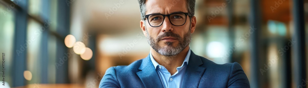 Portrait of a serious businessman in a suit with glasses looking at the camera Portrait of a serious businessman in a suit with glasses looking at the camera