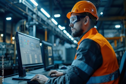 An industrial worker, wearing a safety helmet and goggles, sits at a computer terminal monitoring production in a factory setting.