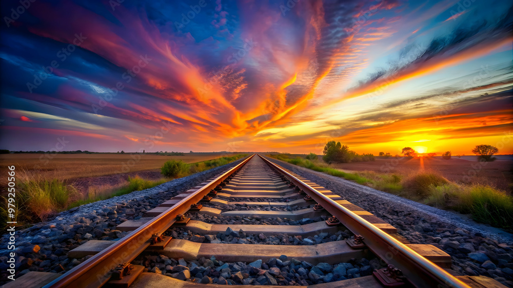 Fototapeta premium Train tracks fading into the horizon under a colorful sunset sky, train, tracks, railway, horizon, majestic, sunset
