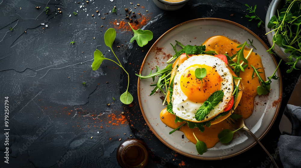 Photo of delicate boho eggs benedict on plate with coffee, top view, dark background Photo of delicate boho eggs benedict on plate with coffee, top view, dark background