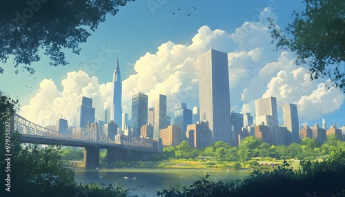 A panoramic illustration of a cityscape with a river and a bridge