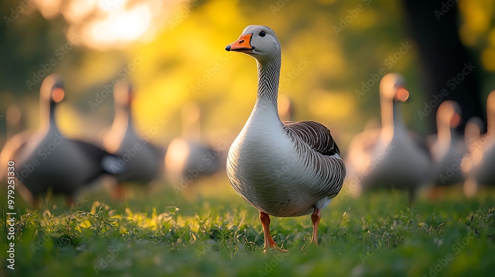 Obraz premium A goose stands in a field of grass with a flock of geese in the background, all bathed in the warm light of the setting sun.