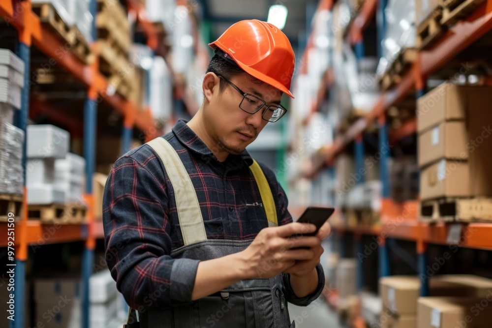A worker in a warehouse uses their smartphone to check inventory levels on a shelf. A worker in a warehouse uses their smartphone to check inventory levels on a shelf.