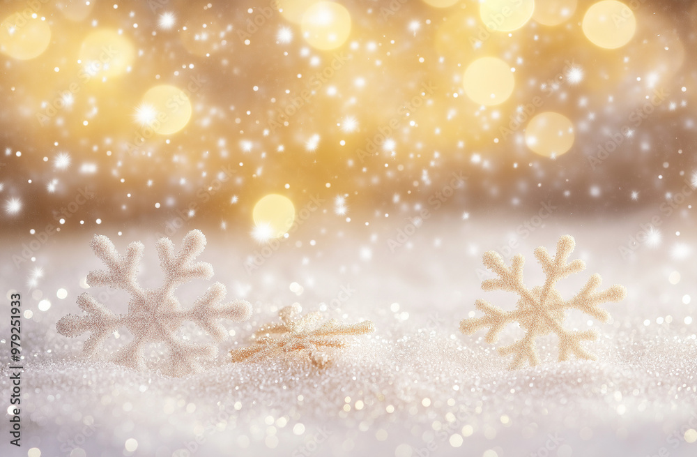 Golden bokeh with snowflakes on sparkling snow Golden bokeh with snowflakes on sparkling snow
