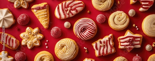 A delightful assortment of colorful cookies on a festive red background, perfect for holiday decorations and sweet treats.