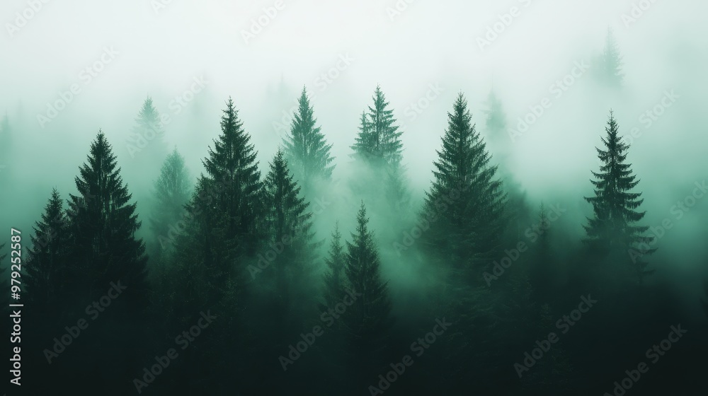 Enigmatic Forest Drenched in Fog, Whispers of Mystery in Every Shadow and Pine-Laden Branch Enigmatic Forest Drenched in Fog, Whispers of Mystery in Every Shadow and Pine-Laden Branch