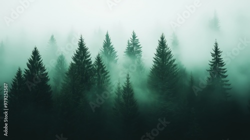 Enigmatic Forest Drenched in Fog, Whispers of Mystery in Every Shadow and Pine-Laden Branch