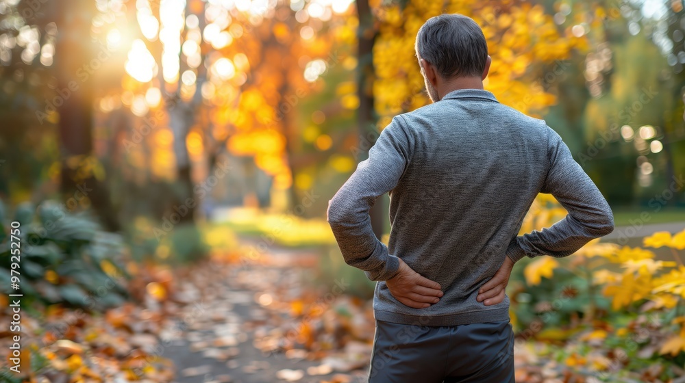 Obraz premium Middle-Aged Man Experiencing Lower Back Pain in Autumn Park Setting with Vibrant Foliage