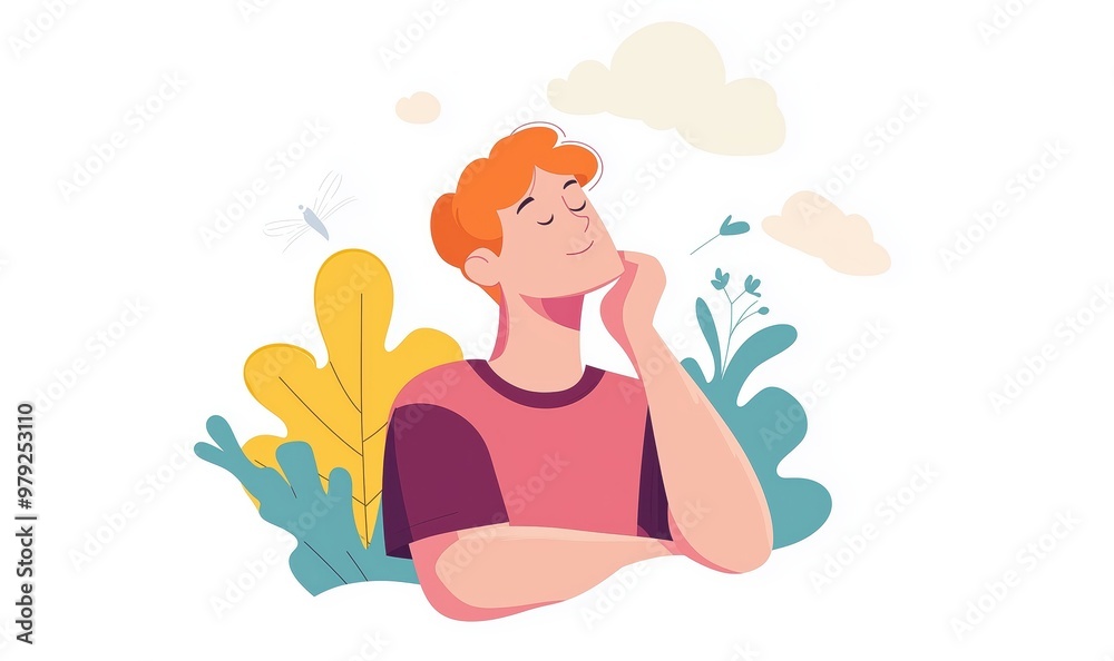 Cartoon Style Person Daydreaming in Nature with Relaxed Expression and Colorful Background Cartoon Style Person Daydreaming in Nature with Relaxed Expression and Colorful Background