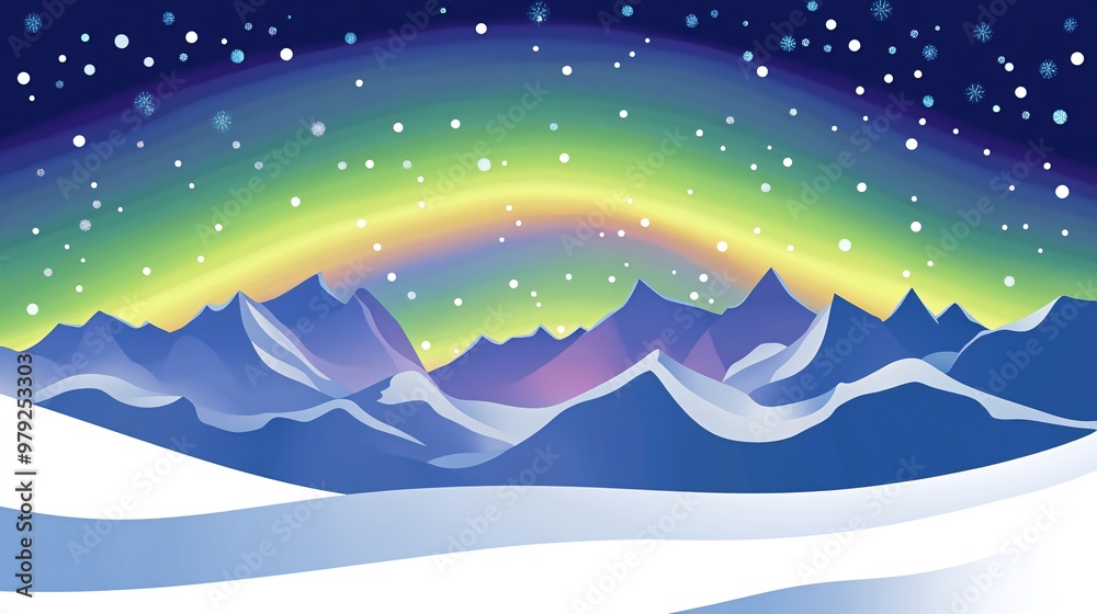 Obraz premium A colorful aurora borealis shines over a snow-covered mountain range in a night sky dotted with stars.