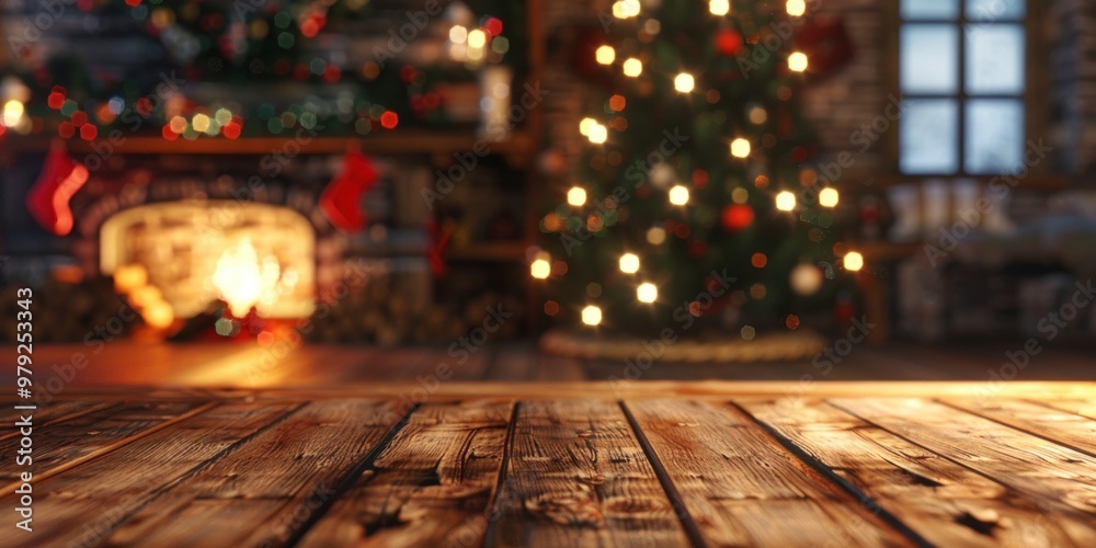 Empty wooden table top with a blurred background of a cozy home interior decorated for Christmas fireplace christmas christmas tree. Empty wooden table top with a blurred background of a cozy home interior decorated for Christmas fireplace christmas christmas tree.