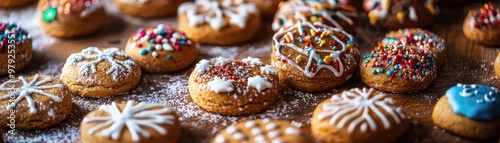 Delicious decorated cookies arranged on a wooden surface, perfect for festive celebrations and holiday gatherings.