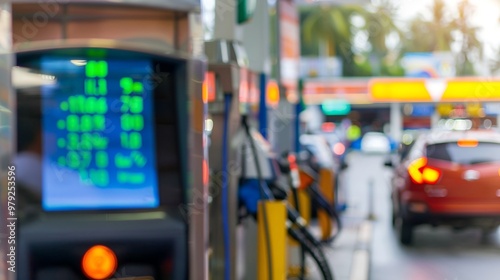 Wallpaper Mural Close-up digital gas pump screen showing rising fuel prices at busy gas station, clear increase in numbers reflecting rising gas prices concept. Torontodigital.ca