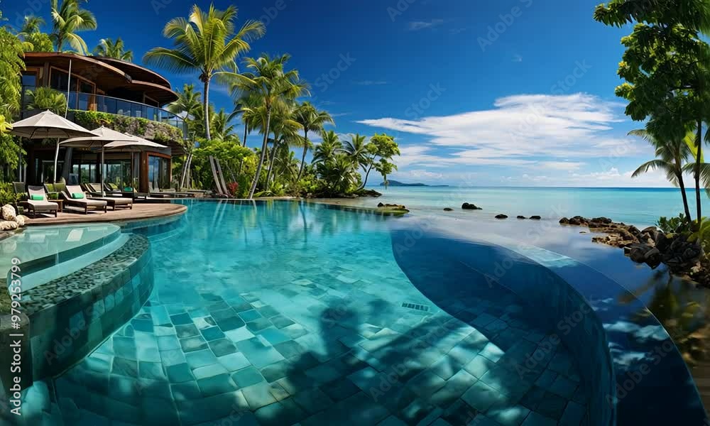 Pool in the tropical resort, Outdoor luxury over infinity pool swimming summer beachfront hotel resort, tropical landscape. Beautiful tranquil beach holiday vacation background. Amazing island beach. Pool in the tropical resort, Outdoor luxury over infinity pool swimming summer beachfront hotel resort, tropical landscape. Beautiful tranquil beach holiday vacation background. Amazing island beach.