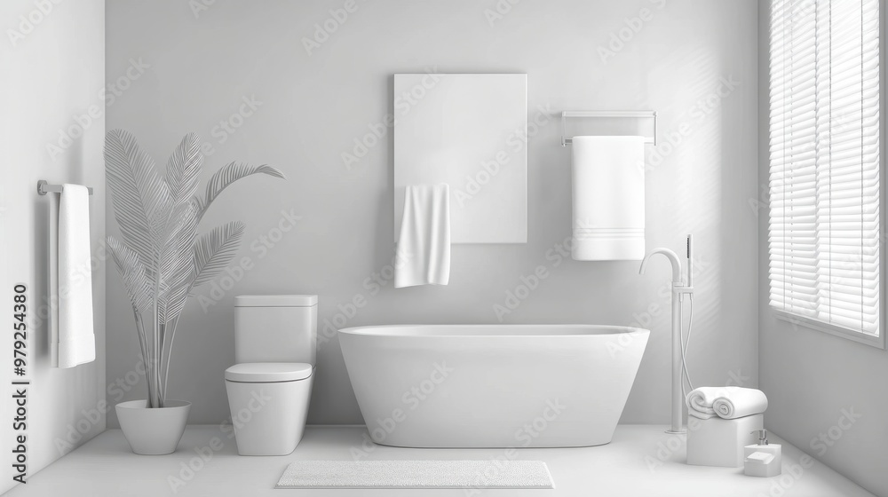 Fototapeta premium Luxury bathroom interior with white walls with white bathtub and sink with vertical mirror standing in stylish bathroom in apartment with panoramic window on city view,minimal,3D rendering.