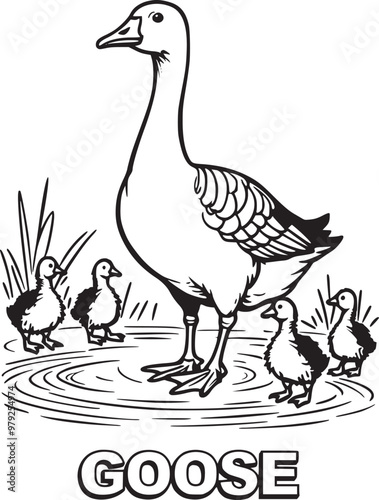 A goose standing with goslings coloring page illustration 
