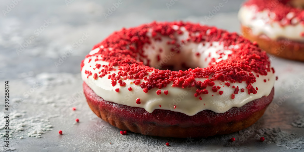 Close-up of a delicious red velvet donut with white icing and sprinkled toppings, red velvet, donut, dessert, bakery, sweet Close-up of a delicious red velvet donut with white icing and sprinkled toppings, red velvet, donut, dessert, bakery, sweet