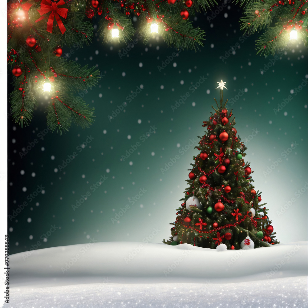 Obraz premium Christmas background. Xmas tree with snow decorated with garland lights, holiday festive background. Widescreen frame backdrop. 