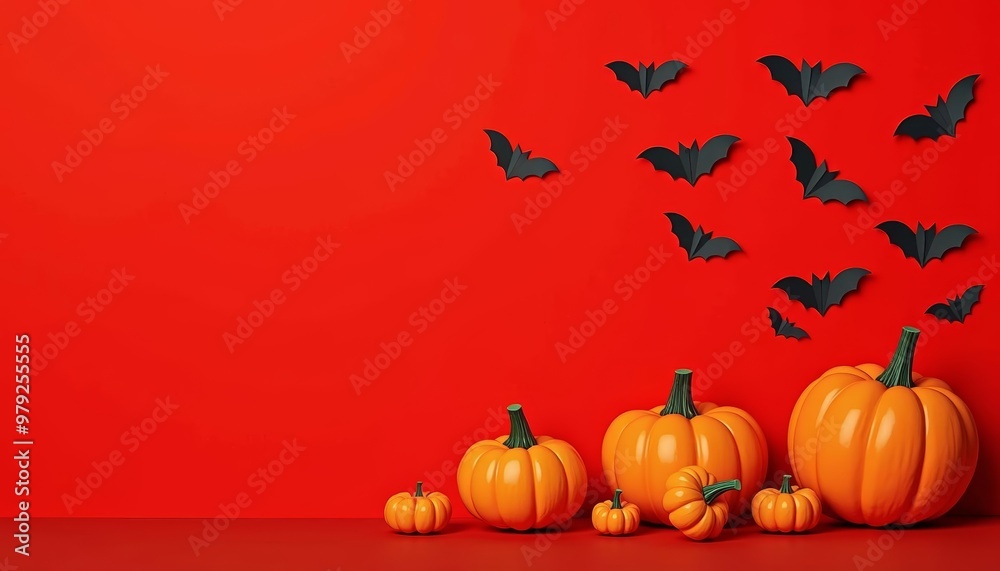 Halloween spirit with pumpkins and bats on a red background Halloween spirit with pumpkins and bats on a red background