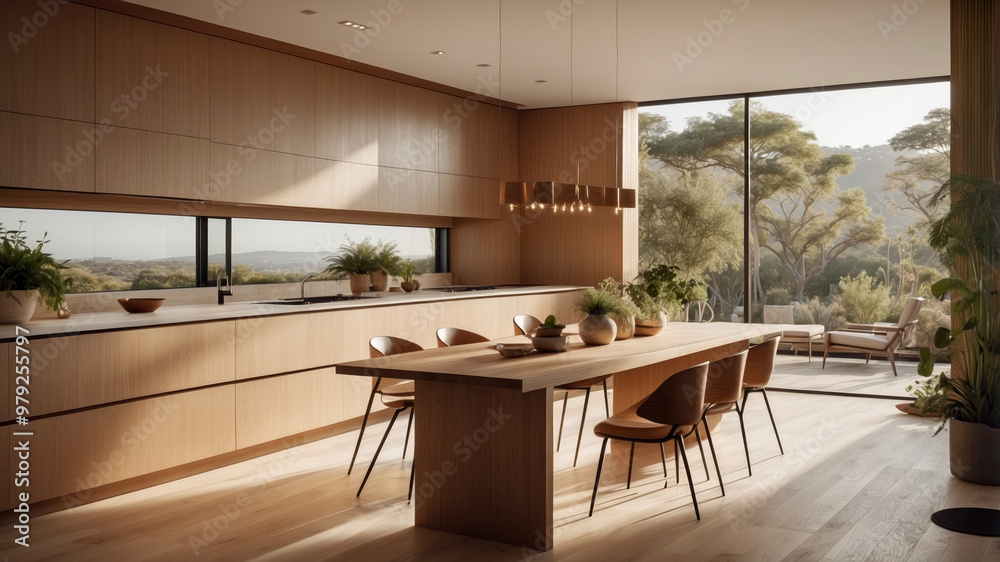 modern minimalist luxury kitchen in light wood in front of a large window from where the warm sunset light from a hilly landscape enters