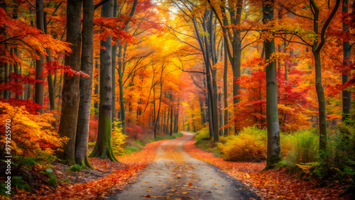 Tranquil pathway winding through a forest ablaze with autumn colors, autumn, pathway, trees, foliage, leaves, fall, forest