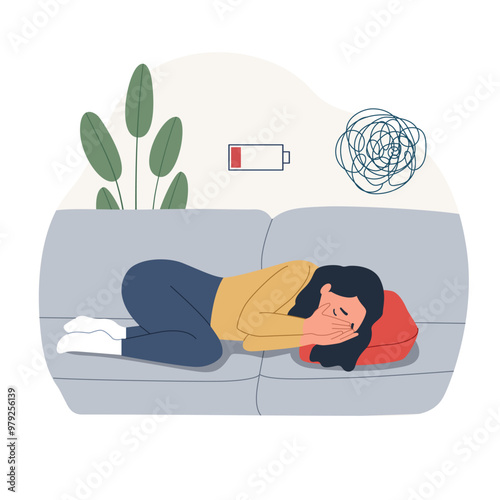 Sad, unhappy woman is lying on the couch covered her face with her hands. Professional burnout syndrome. Vector flat style cartoon illustration