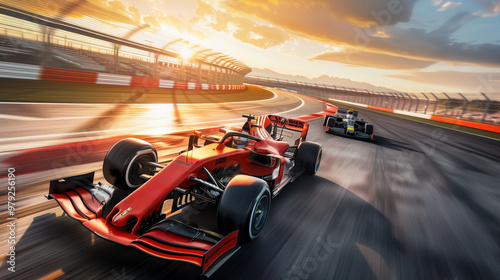 Photorealistic Image of Formula 1 Race Capturing High-Speed Action on a Sunny Day at the Racetrack