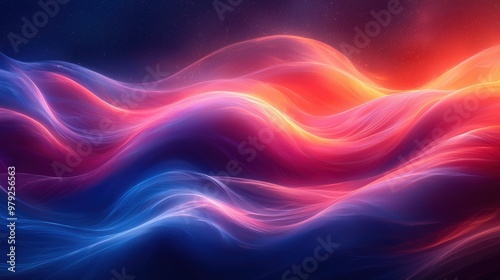 Vibrant waves of color ripple through a digital landscape, creating a dynamic abstract composition at sunset