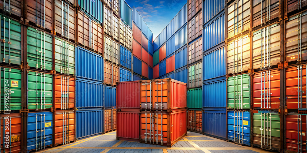 Fototapeta premium A warehouse filled with rows of stacked containers, logistics, storage, shipping, delivery, inventory, distribution