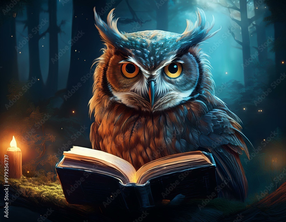 Obraz premium owl reading a book in a mysterious forest