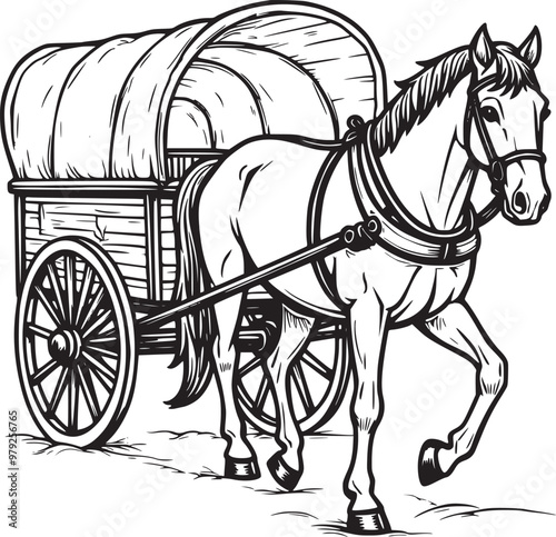 A classic horse-drawn wagon with large wheels and a wooden structure, shown in clean black and white line art