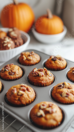 Freshly Baked Pumpkin Muffins on a Cooling Rack in a Bright Kitchen