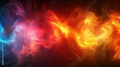 Dynamic abstract swirl of vibrant colors showcasing blue, pink, orange, and yellow hues in a smoky pattern against a dark background