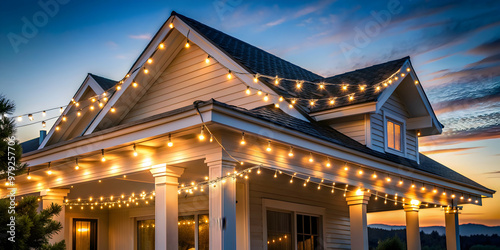 Fairy lights twinkling along the eaves of a ranch-style home at dusk , magical, ambiance, lights, exterior, ranch-style, home