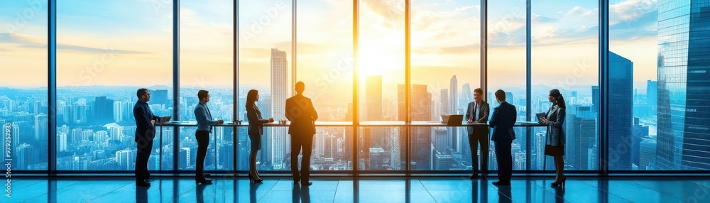 Silhouettes of business people looking out over cityscape Silhouettes of business people looking out over cityscape