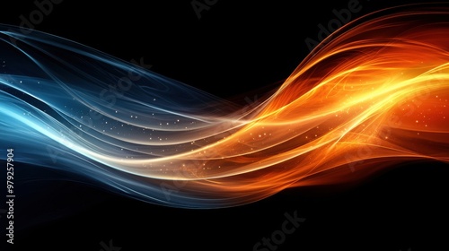 Dynamic flowing waves of blue and orange light create a mesmerizing abstract composition on a black background