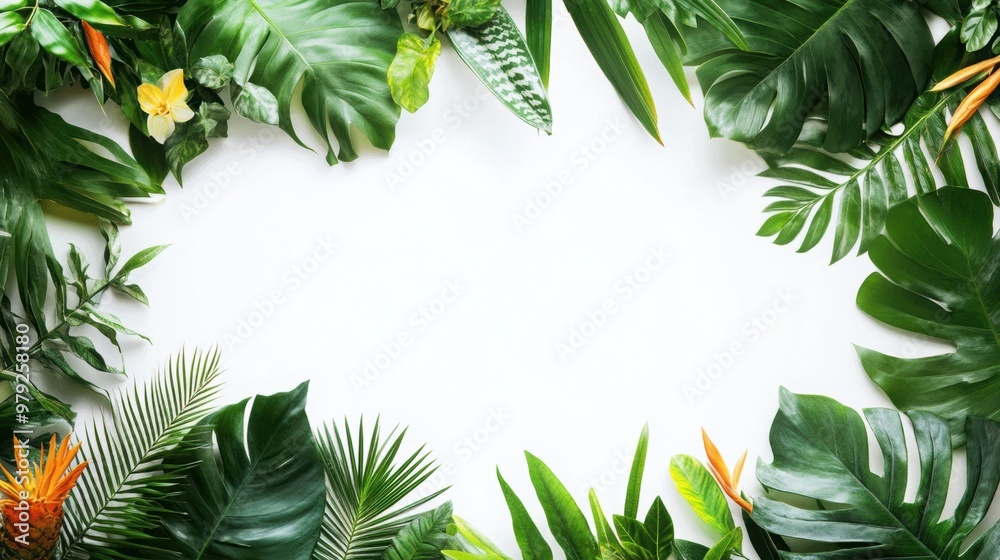 Floral background with exotic flower and palm leaf and copy space on white background.