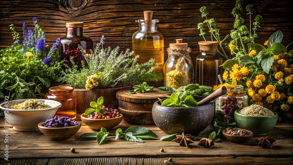 Still life of natural herbal remedies displayed on a rustic wooden table, herbs, plants, alternative medicine, wellness Still life of natural herbal remedies displayed on a rustic wooden table, herbs, plants, alternative medicine, wellness