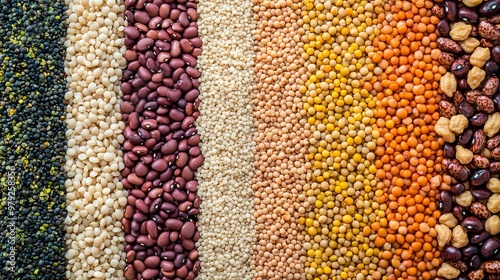 Different type of raw dry legumes composition. White beans, lentils, bulgur, chickpeas, kidney beans, corns, rice, Mix organic legume concept