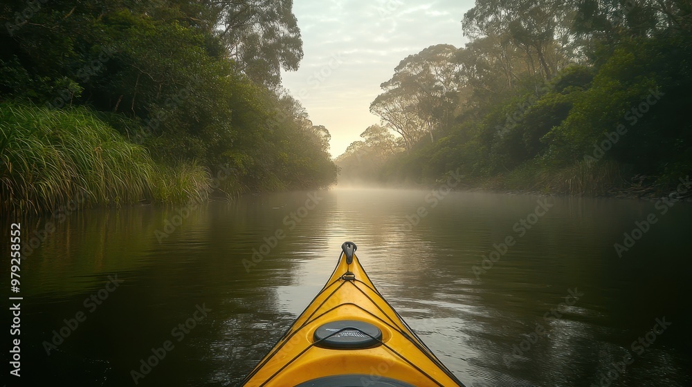 Fototapeta premium A tranquil kayak view on a misty river, surrounded by lush greenery and calm waters.