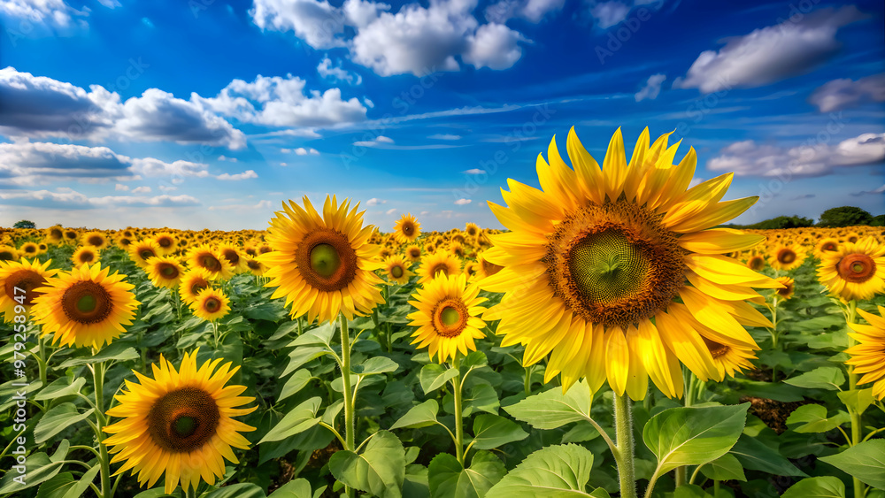 Field of vibrant sunflowers under a clear blue sky, sunflowers, field, nature, beauty, yellow, agriculture, summer, sun, growth Field of vibrant sunflowers under a clear blue sky, sunflowers, field, nature, beauty, yellow, agriculture, summer, sun, growth