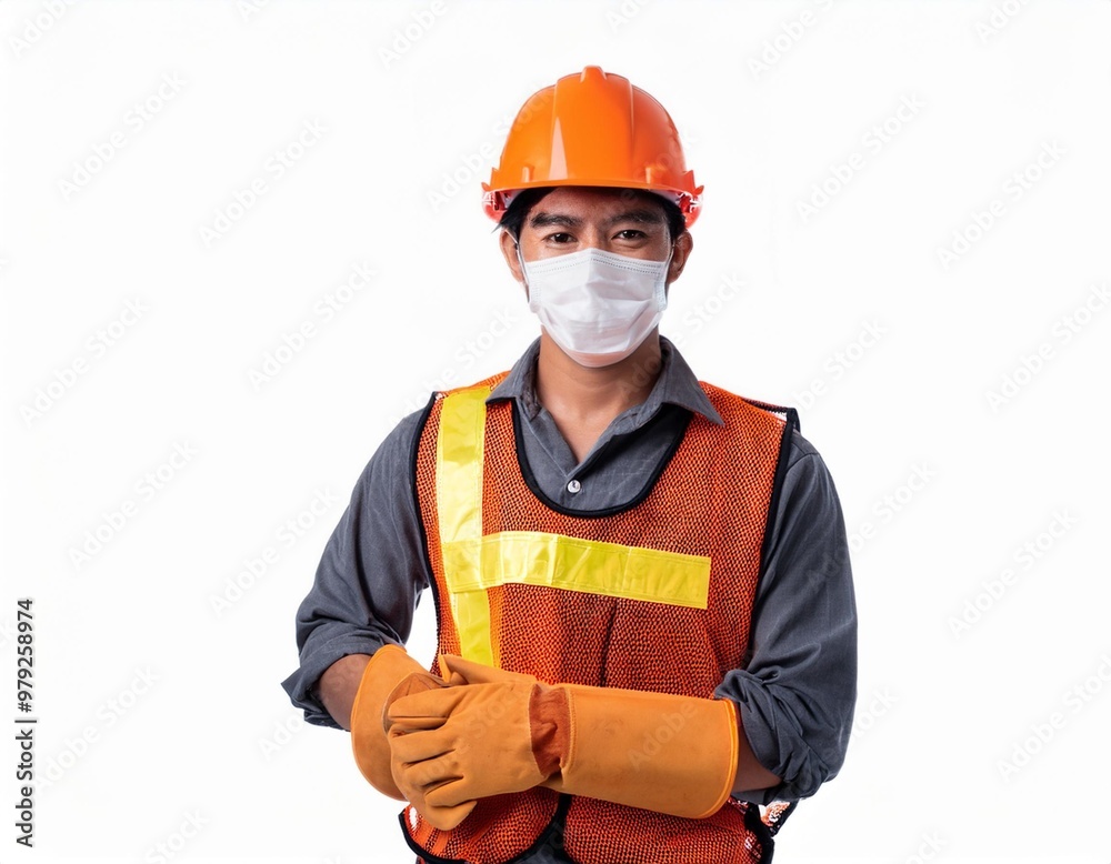 Asian Construction Worker Wearing Safety Gear on a Building Site Isolated on White Background, Clipping Path, Full Depth of Field Asian Construction Worker Wearing Safety Gear on a Building Site Isolated on White Background, Clipping Path, Full Depth of Field