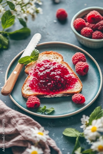 raspberry jelly spread over a slice of freshly toasted bread, with a butter knife on the side and a small dish of fresh berries nearby