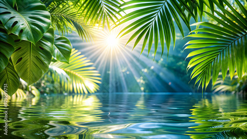 Tropical leaves, sunlight and shadows, sparkling water surface create a beautiful natural pattern, tropical, leaves, sunlight