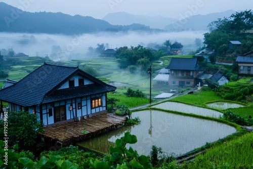 Luxurious House Surrounded by Lush Green Rice Fields and Serene Waters with Mountains in the Fog