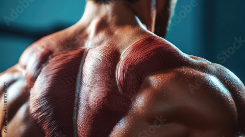 Close-up of a muscular back showcasing defined muscle structure and strength, ideal for fitness or anatomy-related content.