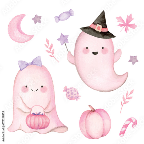 Set of watercolor vector Halloween ghost. Cute haracter. Cliparts for baby shower, greeting cards, happy holiday poster, party invitations. Hand painted illustration.